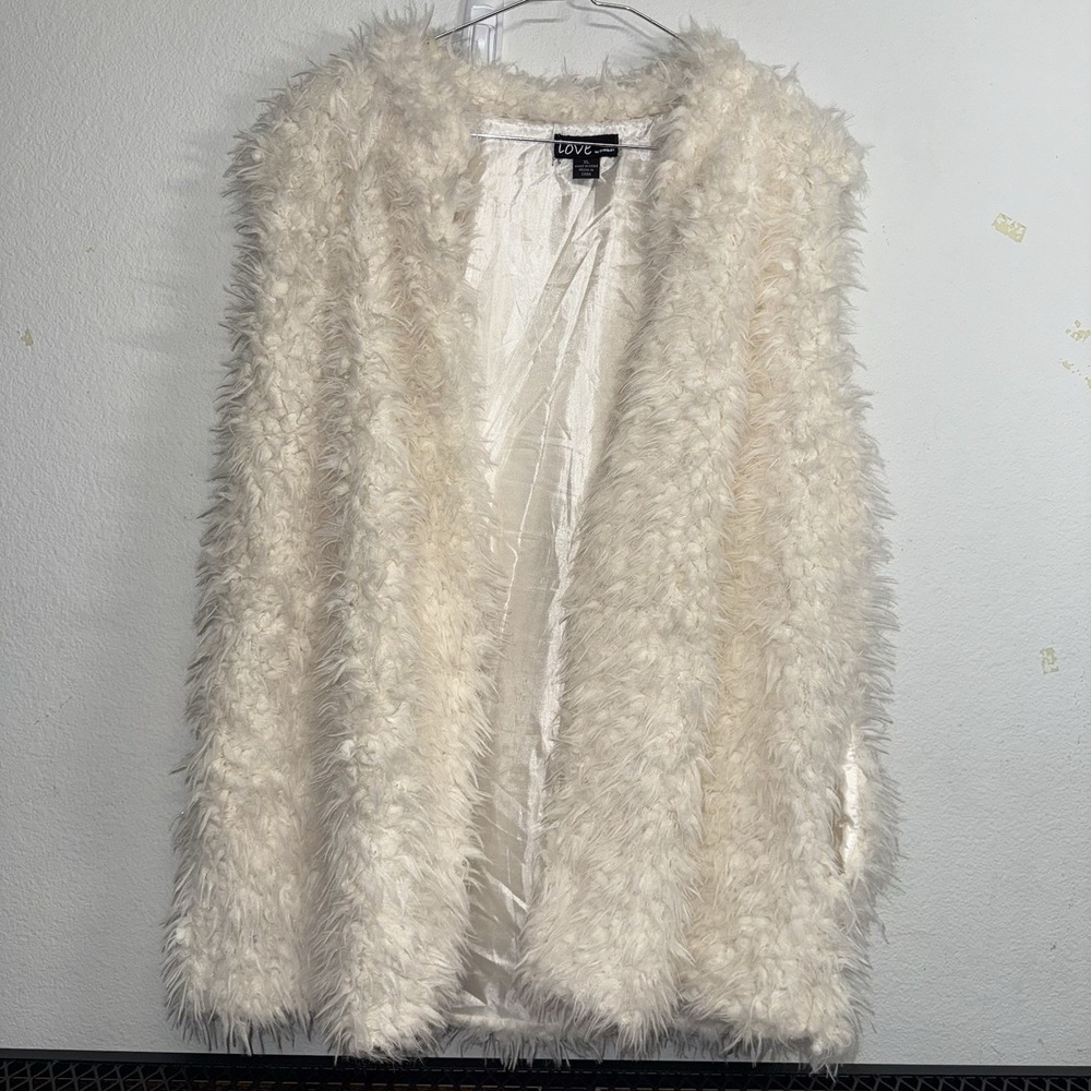 Love by Chesley Faux Fur Vest Womens XL Ivory Open Front Shaggy Cozy Winter